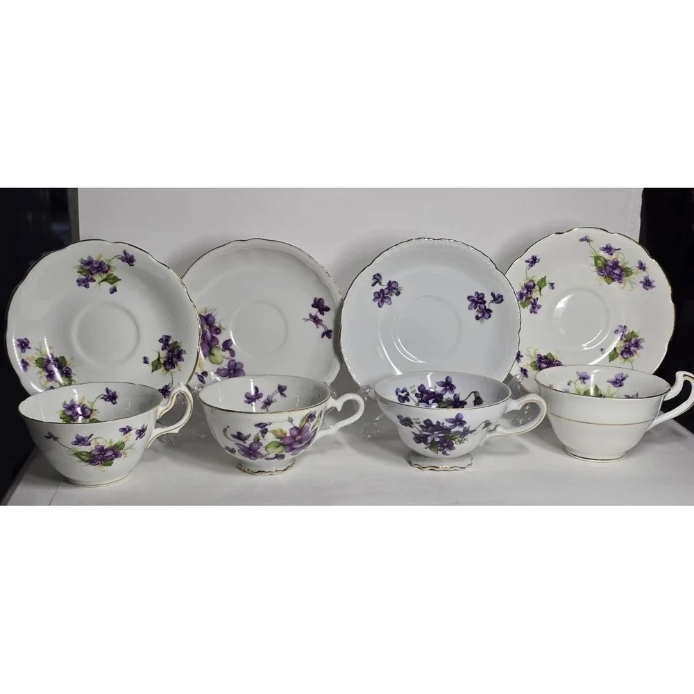 Vintage Purple Violet Teacup Saucer Lot 4 Mismatched Bone China Floral AS IS